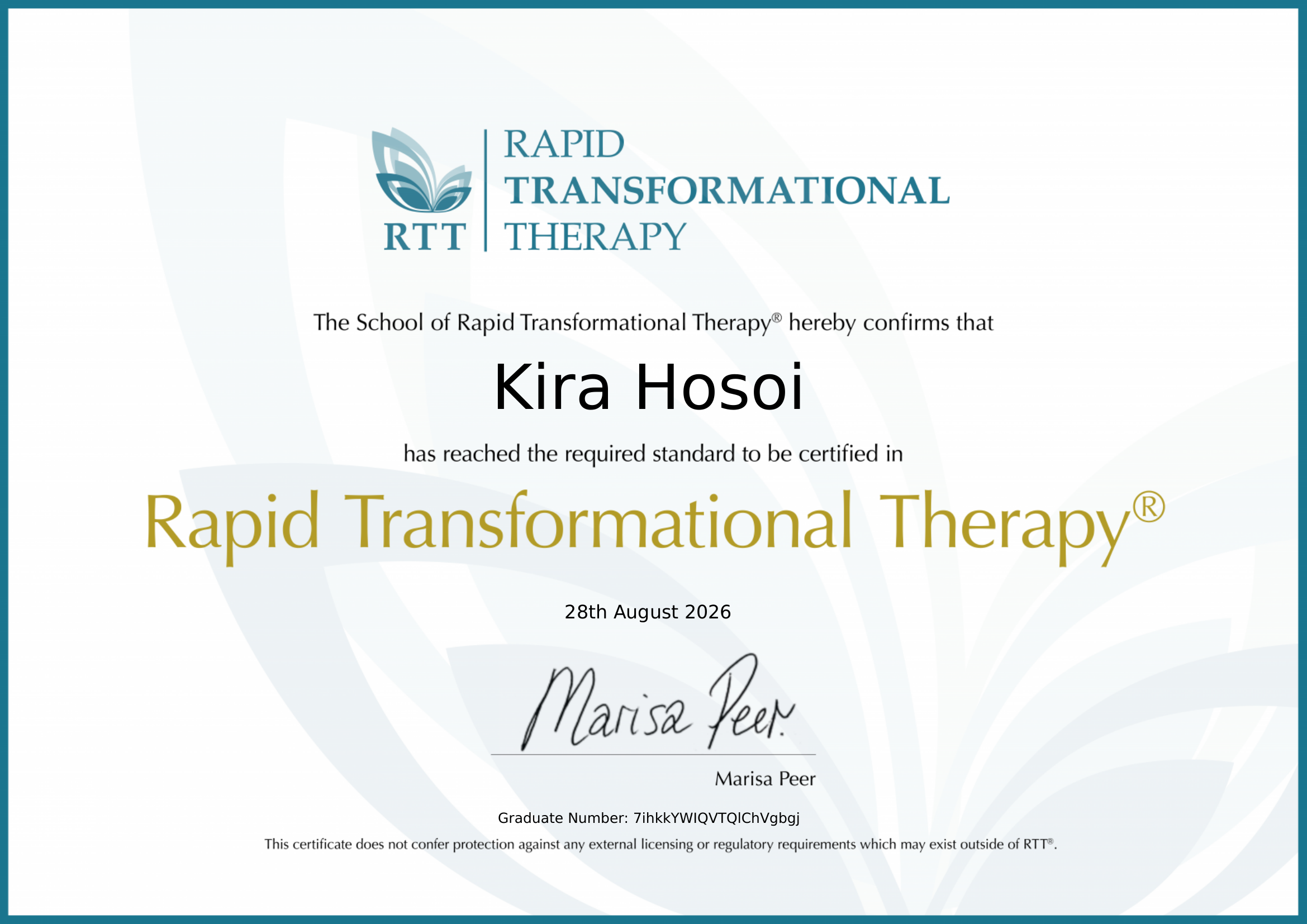 Kira Hosoi — Certified RTT Practitioner certificate
