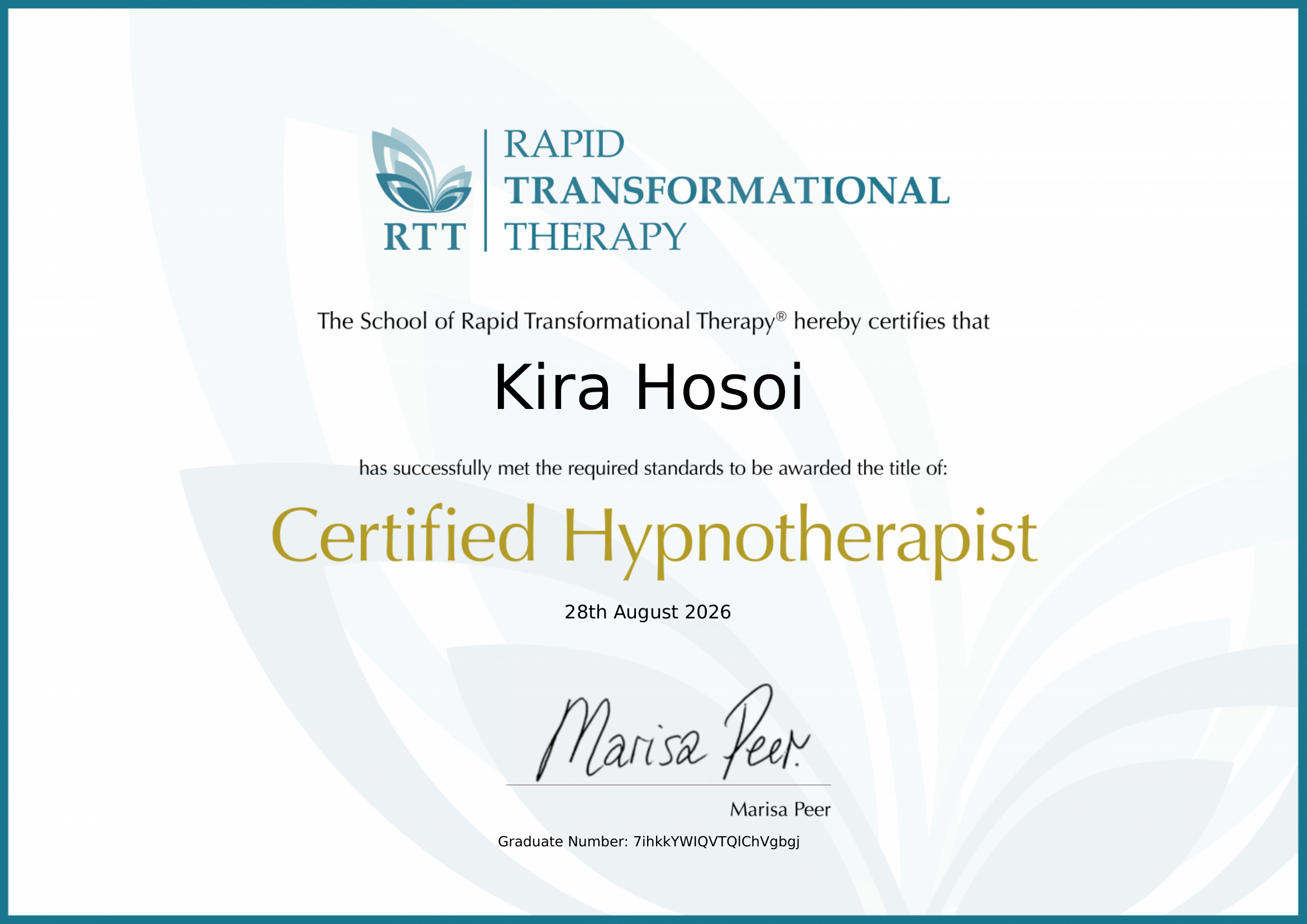 Kira Hosoi — Certified Hypnotherapist certificate